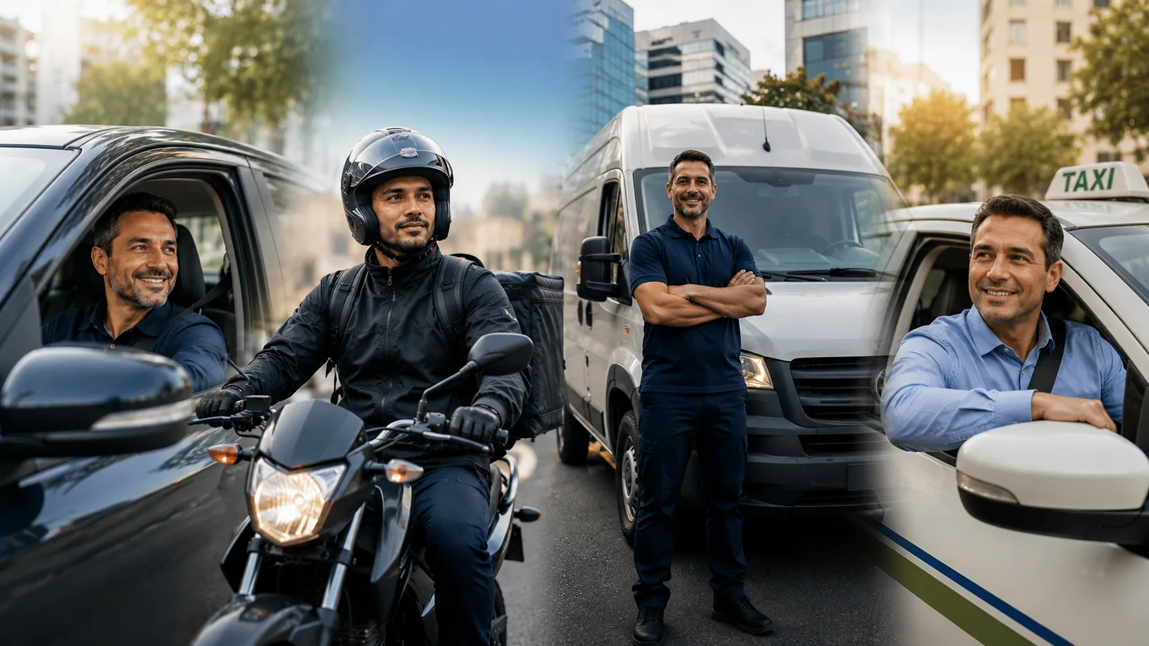 Motoristas, entregador e utilitario representando quem trabalha com veiculo